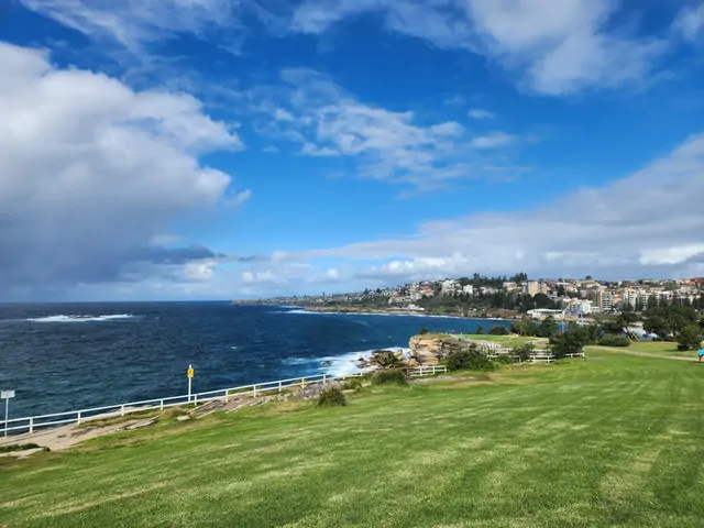 Wide view of the coastline and green lawns near Bondi.