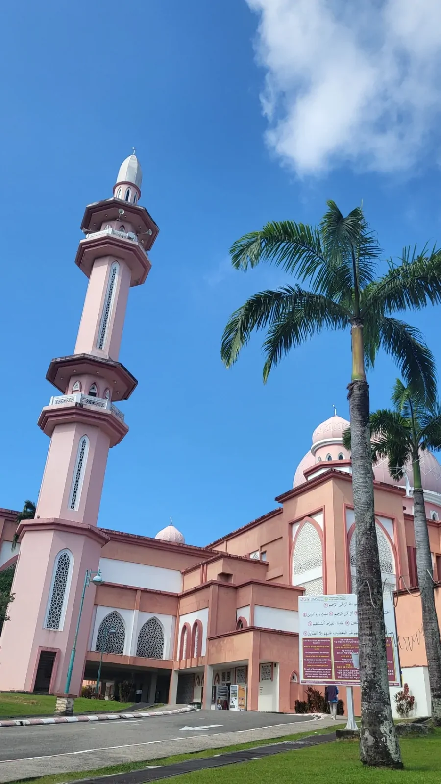 A pink mosque stands serene under a clear blue sky with palm trees.