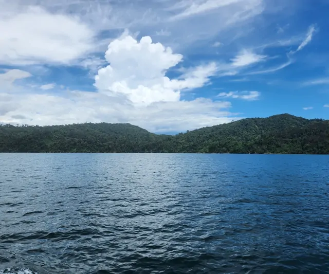Deep blue seas and fluffy white clouds surrounding a tropical island.