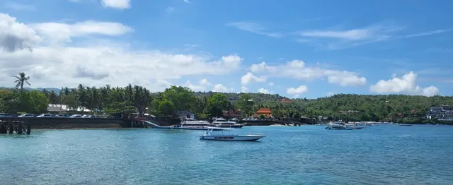 Boats anchored in the turquoise waters of a tropical harbor.