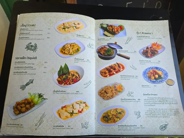 A seafood menu featuring shrimp and squid on a restaurant table.