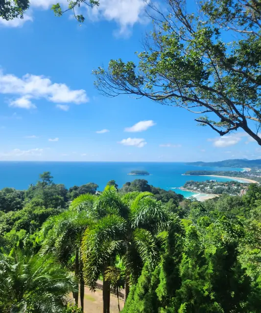 A wide view of the tropical jungle and sea from the Phuket viewpoint.