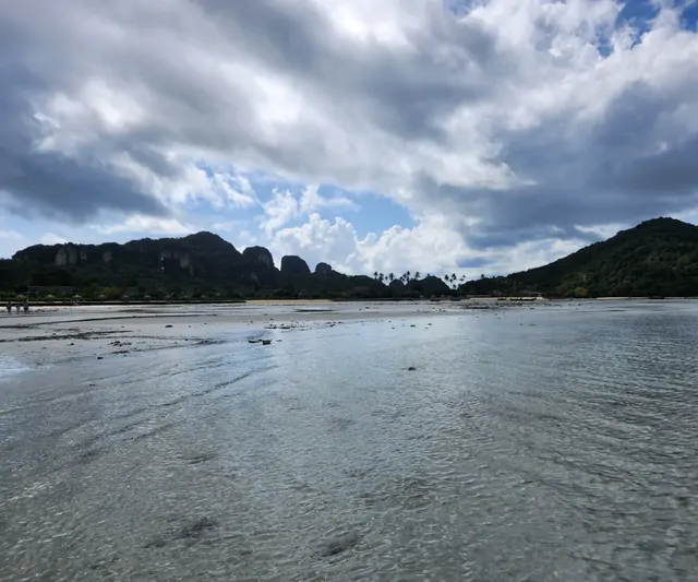 Limestone cliffs and the shoreline during low tide on Ko Phi Phi.