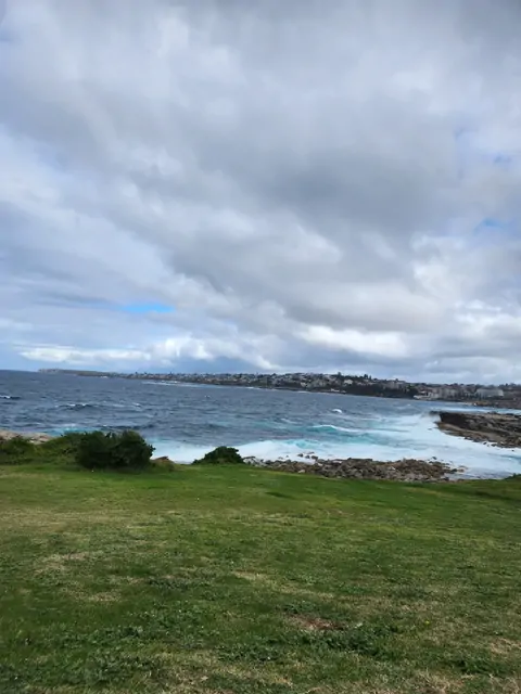 Green hills meeting white surf under a cloudy Sydney sky.