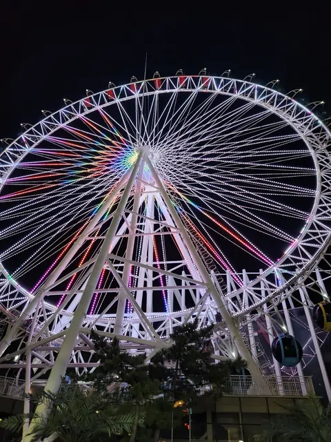 A brightly lit Ferris wheel standing against the night sky.