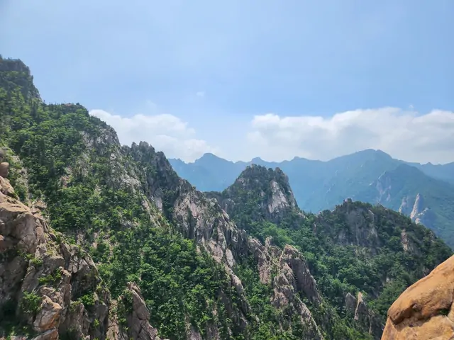 Summer mountain ridges blending rock and lush greenery.