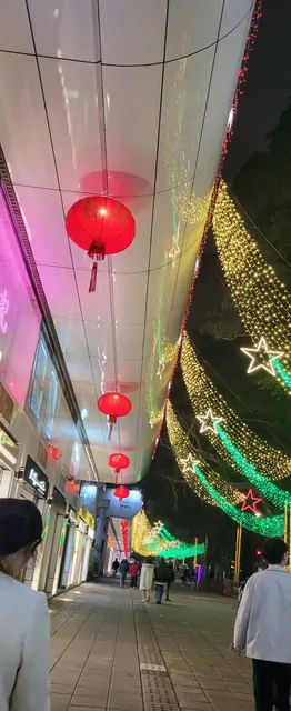 Red lanterns and festive lights decorating a night shopping street.