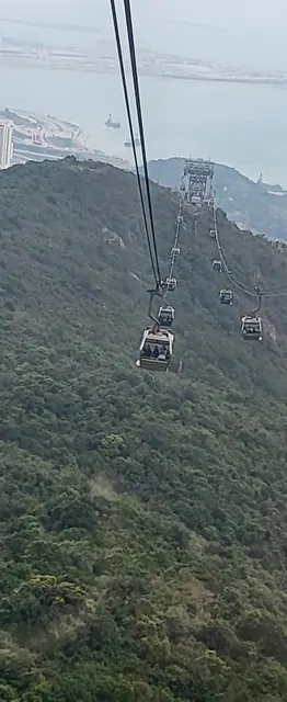 The Ngong Ping 360 cable car gliding over the green ridges of Lantau Island.