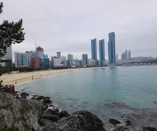The skyline of high-rise buildings overlooking Haeundae Beach from the rocks.