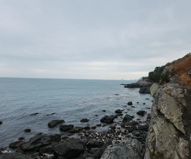 The rugged rocky coastline of the East Sea under a grey winter sky.