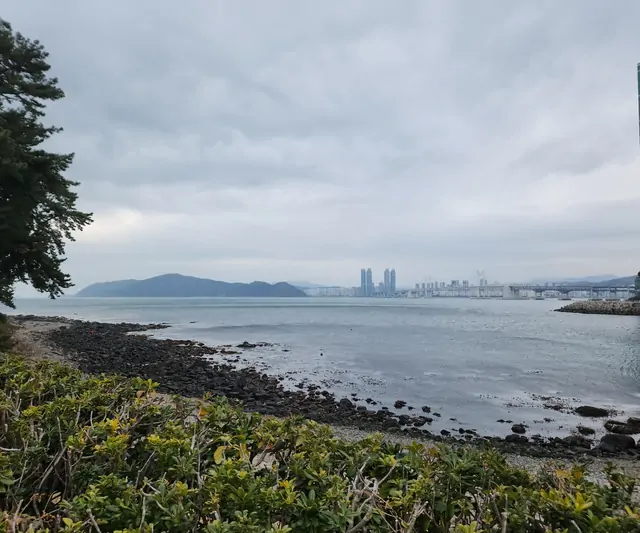 A wide view of the sea and city skyscrapers under a cloudy sky.