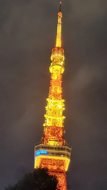 Tokyo Tower glowing golden against a cloudy night sky.