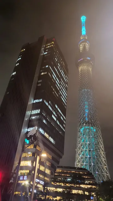 Tokyo Skytree lit in blue under a misty night sky.