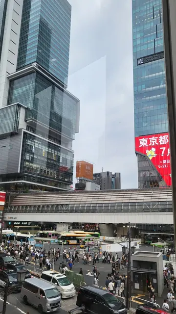 High-angle view of a busy intersection and buildings in Shibuya.