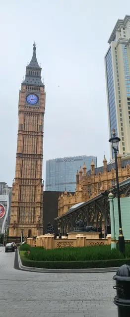The Big Ben model tower and surrounding buildings in the London theme park.