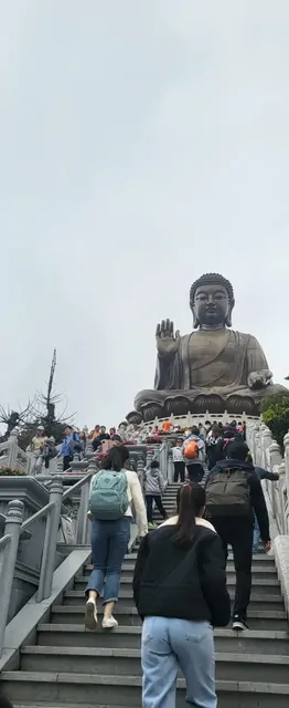 Visitors climbing the long stone stairs toward the Tian Tan Buddha.