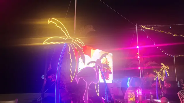 A lively night party scene with neon lights at a beach club.