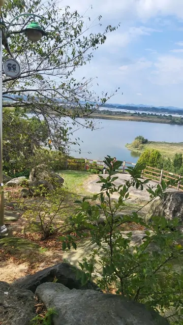 The calm river and green trees seen from a riverside park hill.