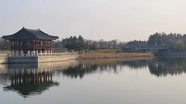 Early morning reflection of a traditional pavilion at Wolji Pond in Gyeongju.