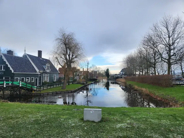 Traditional houses and winter fields along the Zaanse Schans canal.