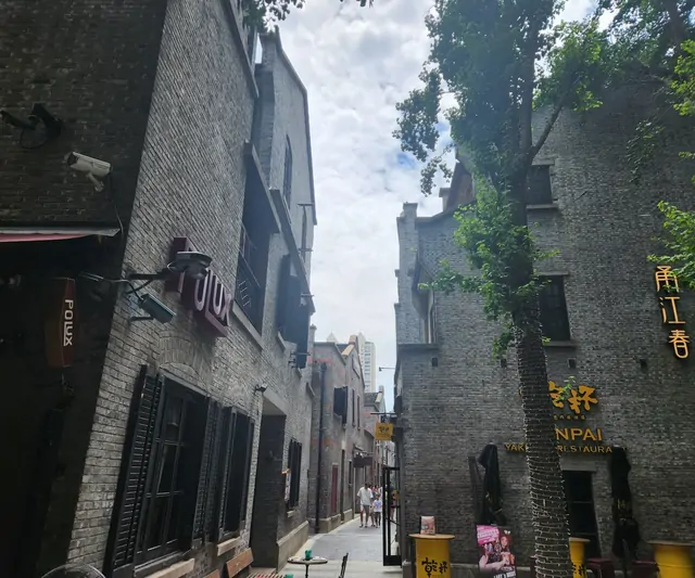 Grey brick alleys and local shop signs in a traditional commercial street.